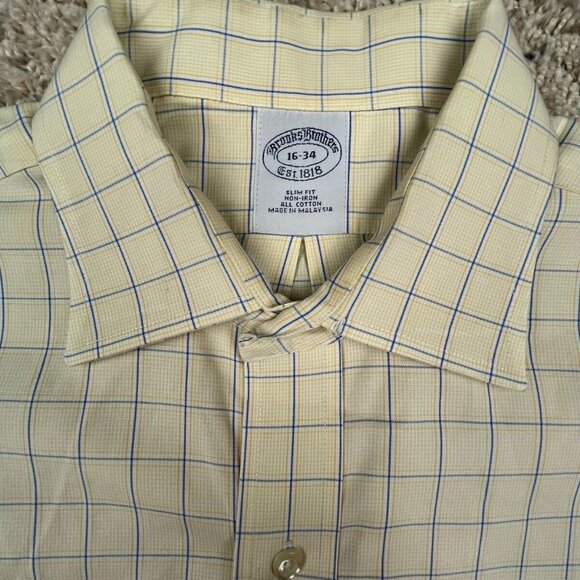Brooks Brothers Button Up Shirt Mens 16 34 Slim Fit Yellow Check Non-Iron Cotton - Picture 2 of 11